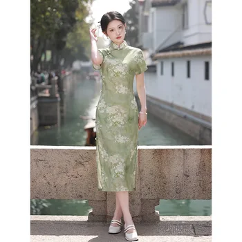 Vintage Zelena Cvjetnim Tiskanja Cheongsam Poletje Elegantno Izboljšano Kitajskih Žensk Gumb Dolgo Qipao