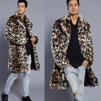 Moški Specializiranimi za umetno Krzno Plašč Leopard Barve Moške Obleko Ovratnik Topel Plašč Moški Jeseni, Pozimi Nove Ulične Hladno Odpornost Mid-Dolgo Krzno Plašč