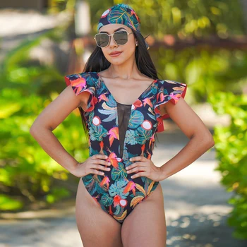 En Kos Kopalke Nove Seksi Cvjetnim Tiskanja Bodysuit Ruffle Kopalke Ženske Votlih Iz Kopalke Plaža Obrabe Backless Monokini