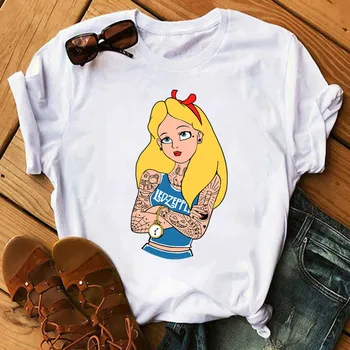 Kawaii Disney Punk Princesa Graphic Majica S Kratkimi Rokavi Ženske Ženski Črni Vrhovi Tee Dame Moda Ulične