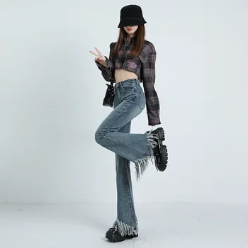 Visok pas, jeans sexy vročih deklet stretch slim design občutek surovi rob retro kavbojke Bell-dna žensk velike hlače