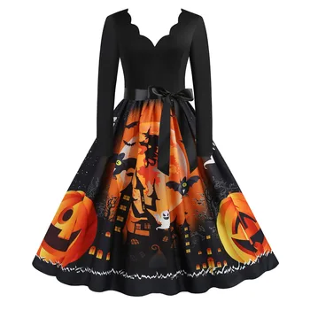 2023 Grozljive Kostume Ženske Halloween Stranka Obleko Z Dolgimi Rokavi V Vratu Lobanja, Tiskanje Črno Gothic Pinup Vintage Obleke Nočna Mora