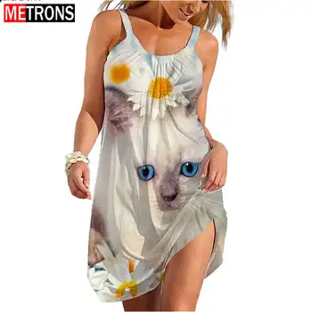 Vroče Prodajo Žensk Obleko Luštna Mačka Cvet 3D Barvanje, Tiskanje Modni brez Rokavov Poletje Casual Sexy Harajuku Obleka Ohlapno Obleko Kawaii