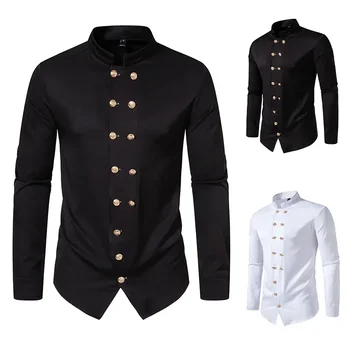 2023 Jesen/Zima Nova moška Moda Barva Dvojno Zapenjanje Stoji Vratu Long Sleeve Majica Henry Majica