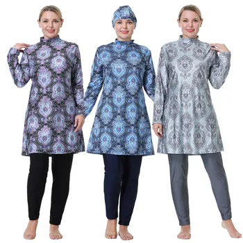 3 Kos Določa Dolg Rokav Natisnjeni Plavanje Obleke Plus Velikost 8XL Islamske Kopalke Skromno Plaža Obrabe, Burkini Muslimanske Ženske Kopalke