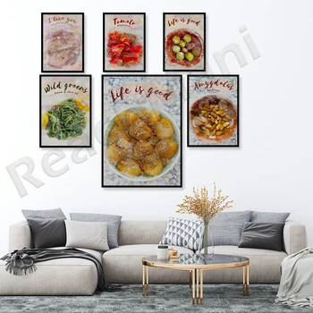 Kuhinja plakat, sveža zelenjava, jedi z žara, sir, paradižnik, fig sadje, med krof, mandljev rastlin, foodie darilo, lepa wall art,