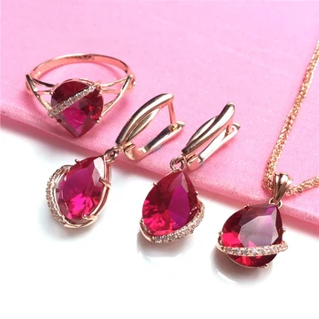 585 Vijolična, Zlato 14k Zlato je Povečal sijoče Ruby vodne kapljice, nakit sklopov čar elegantno luksuzni obroč ogrlica, uhani za ženske