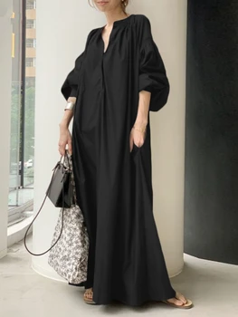 Dolga Obleka Ženske Haljo 2024 Novo V Stoječi Ovratnik Dolgo Ohlapno Moda Priložnostne Luč Rokavi Velikem Zamahu Obleko ženska Oblačila