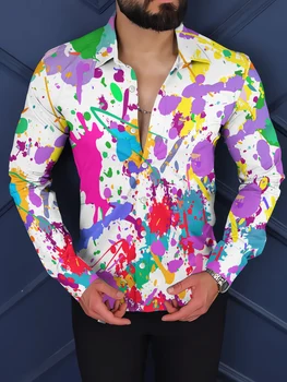 HX Moda za Moške Srajce, Barvita Pigment Grafiti 3D Tiskanih Long Sleeve Majica za Moške River Gumb Vrhovi Ulične Dropshipping