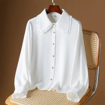 Korejski Design Bela Vrh žensko Bluzo Novo Pomlad, Jesen Belo Srajco z Dolgimi Rokavi Nišo High-End Temperament Majica