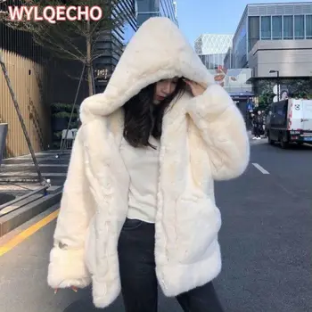 Korejski Zgosti Mink Žametni Plašč Ženske Zimska Oblačila Novo Jakno Različica Svoboden Imitacije Zajec Krzno, Plišastih Hooded Krzno Plašč