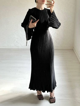 Obleke za Ženske Elegantne Stranka Rojstni dan Žensk Nabrano Obleko z Dolgimi Rokavi Ženske Čipke-Up Sexy Vestidos De Mujer Črno Haljo Maxi